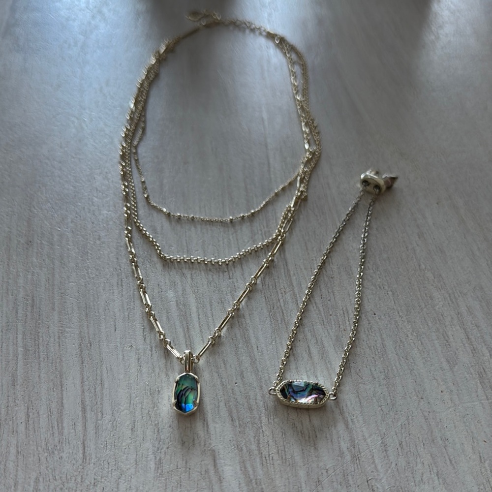 Kendra Scott Elisa Gold TRIPLE STRAND Abalone Shell Necklace And Elaine Bracelet